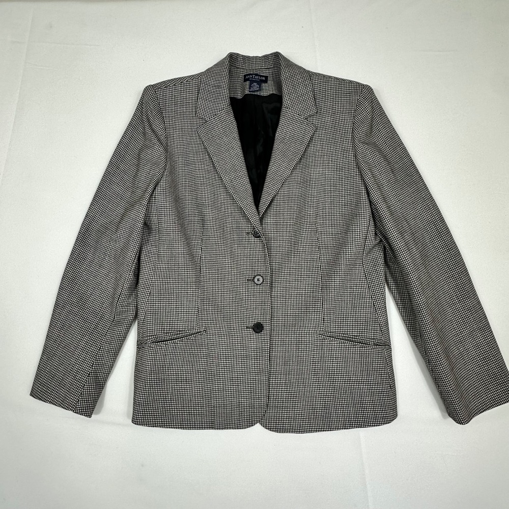 Ann Taylor Stretch Wool Houndstooth Blazer Jacket Black White Petite 12P
